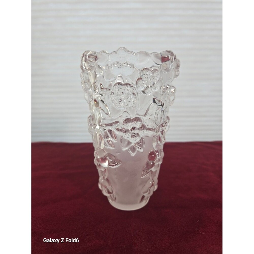 Pressed Glass Floral Vase. Frosted Satin Base. Beaded Scalloped Rim